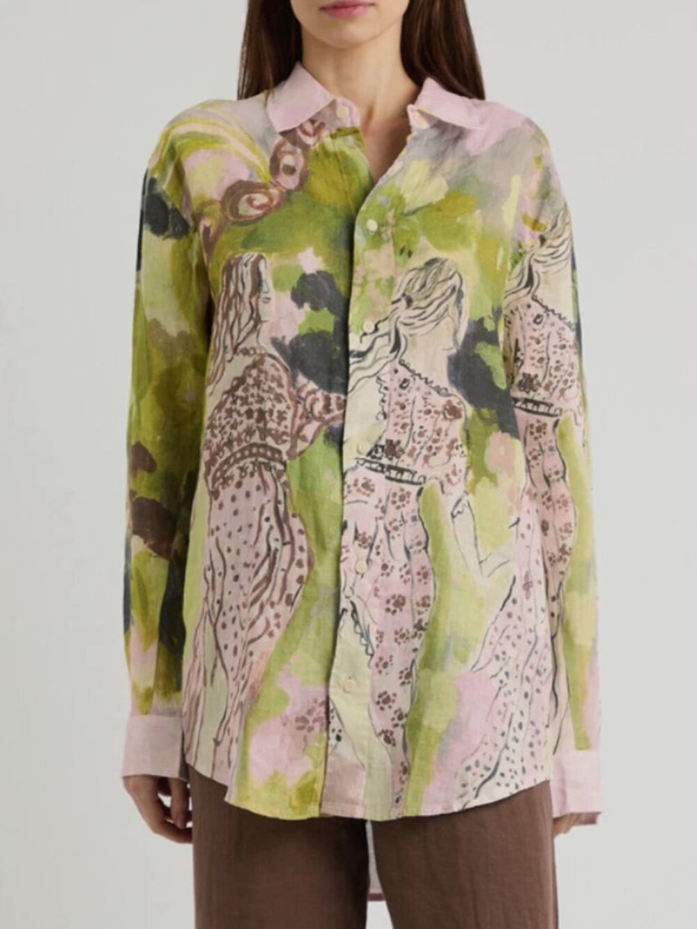 DESMOND & DEMPSEY Dreamland Printed Linen Pyjama PJ Shirt Blouse Deco Button S